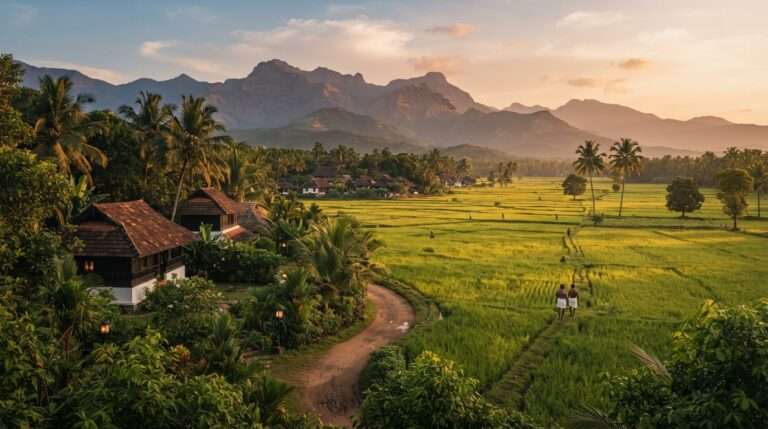 The Palakkad countryside and paddy fields beyond the village at golden hour, Kairali Ayurvedic Healing Village, Kerala, India