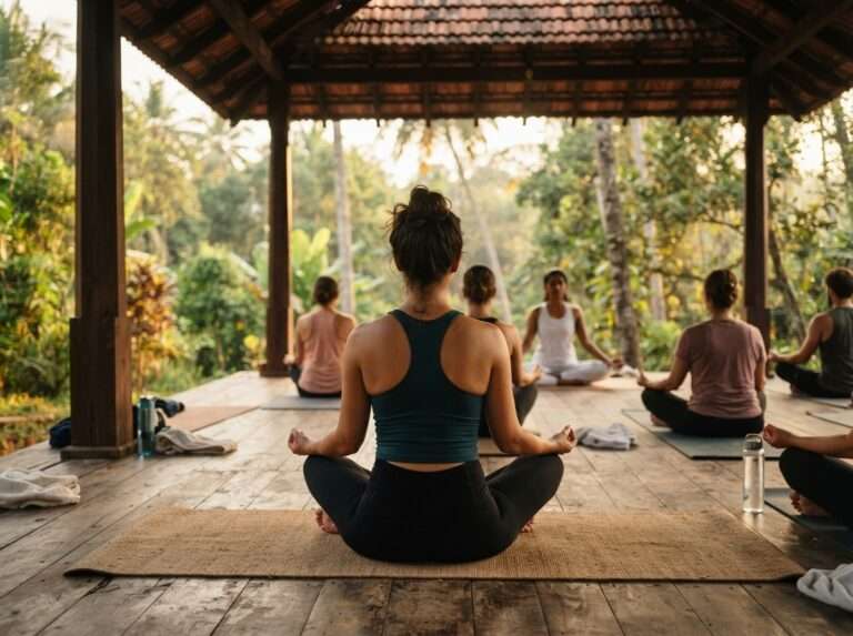 A guest in a guided yoga session in an open-air pavilion, Kairali Ayurvedic Healing Village, Kerala, India
