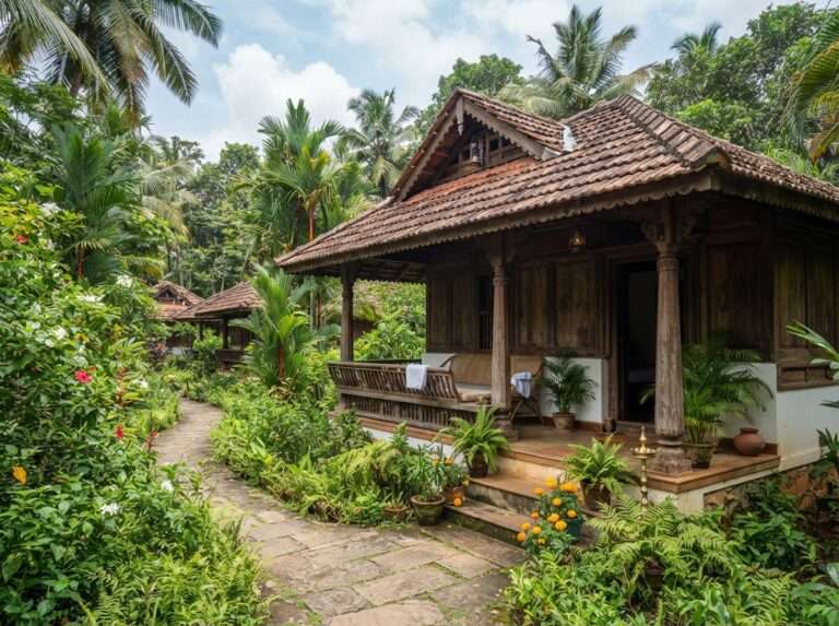 Kerala-style villas among gardens and palms in Palakkad, Kairali Ayurvedic Healing Village, Kerala, India