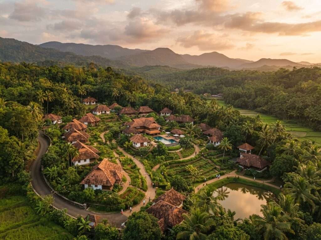 Aerial view of Kairali Ayurvedic Healing Village, Kerala, India, at golden hour