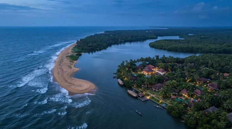 Aerial view of the Poovar estuary sandbar where backwater meets sea at blue hour, Poovar Island Resort, Kerala, India