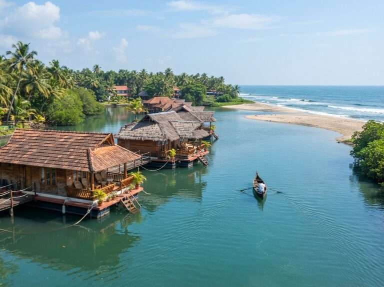 A couple gliding on a small boat along the Poovar backwaters past mangroves, Poovar Island Resort, Kerala, India