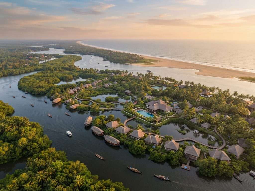 Aerial view of Poovar Island Resort, Kerala, India, at golden hour