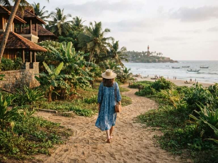 A guest walking down a sandy path from the resort to Kovalam beach, Abad Harmonia, Kerala, India