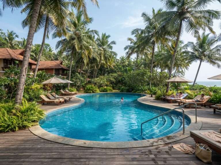 A swimming pool ringed by coconut trees at a beach resort near Kovalam, Abad Harmonia, Kerala, India