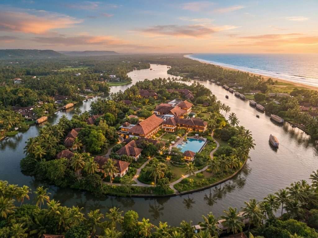 Aerial view of Abad Harmonia, Kerala, India, at golden hour