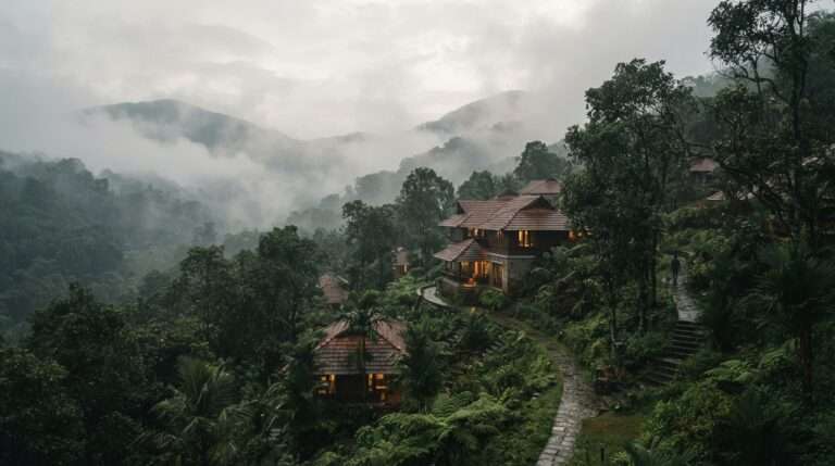 The Vythiri hills wrapped in monsoon mist in the early morning, The Windflower Resort & Spa, Kerala, India