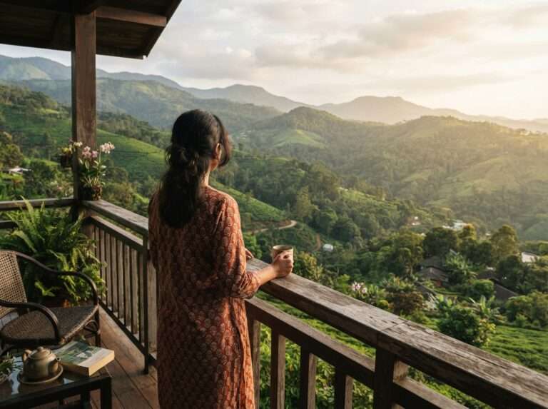 A guest on a cottage balcony with herbal tea looking out over green Wayanad hills, The Windflower Resort & Spa, Kerala, India