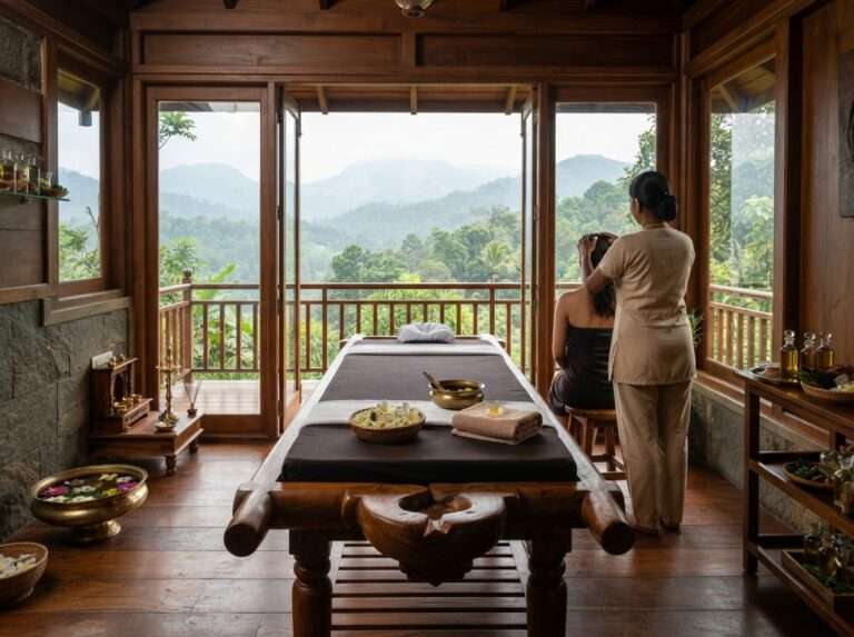 A luxurious Ayurvedic spa room with wooden interiors and hill views at Vythiri, The Windflower Resort & Spa, Kerala, India