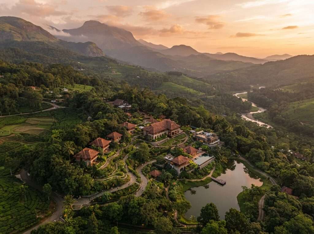 Aerial view of The Windflower Resort & Spa, Kerala, India, at golden hour
