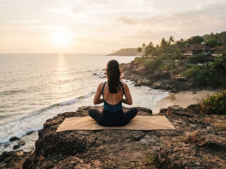 A guest doing yoga on a rocky headland above the private beach, Niraamaya Retreats Surya Samudra, Kerala, India