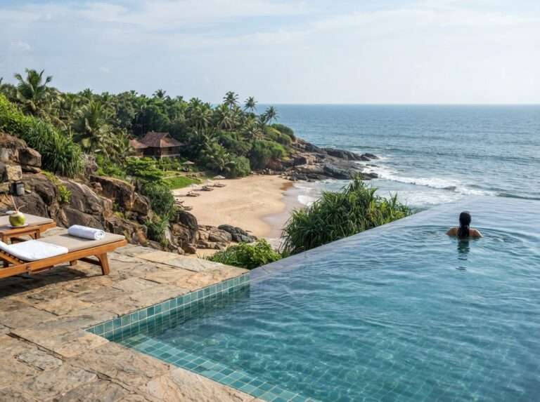 A cliff-edge infinity pool overlooking a private beach at Mullur, Niraamaya Retreats Surya Samudra, Kerala, India
