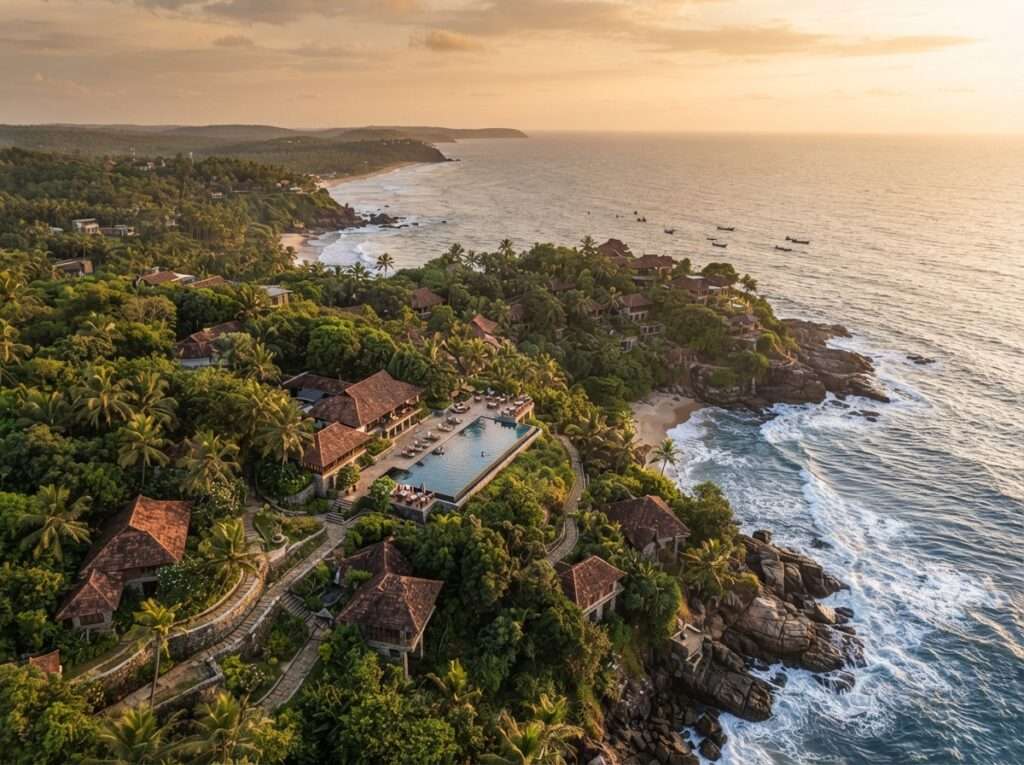 Aerial view of Niraamaya Retreats Surya Samudra, Kerala, India, at golden hour