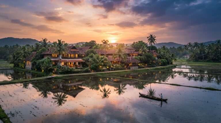 The paddy fields and resort reflected in flooded fields at sunset, The Athreya Ayurvedic Resort, Kerala, India