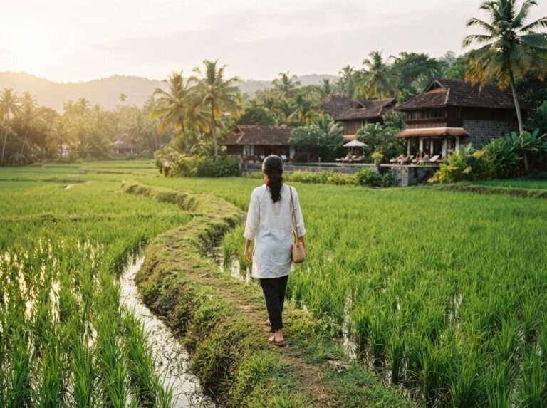 A guest walking along a raised bund between paddy fields beside the resort, The Athreya Ayurvedic Resort, Kerala, India