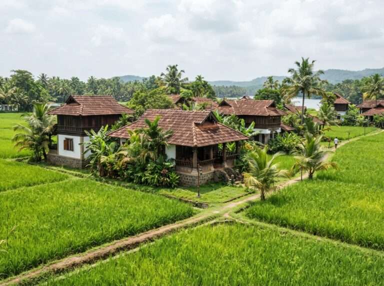 Ethnic Kerala-style cottages among green paddy fields, Kottayam, The Athreya Ayurvedic Resort, Kerala, India