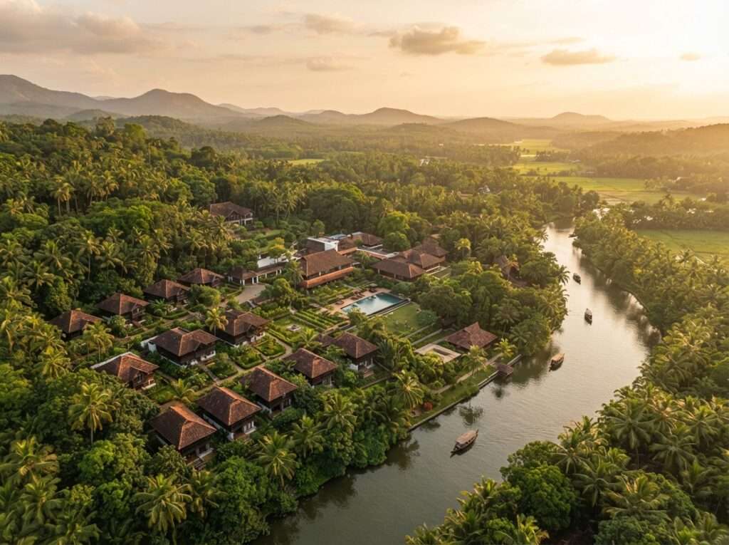 Aerial view of The Athreya Ayurvedic Resort, Kerala, India, at golden hour