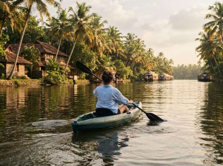 A guest kayaking on Ashtamudi Lake, palms along the shore, Sarovaram Ayurvedic Health Centre, Kerala, India