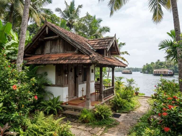 Traditional cottages in tropical gardens on the banks of Ashtamudi Lake, Sarovaram Ayurvedic Health Centre, Kerala, India