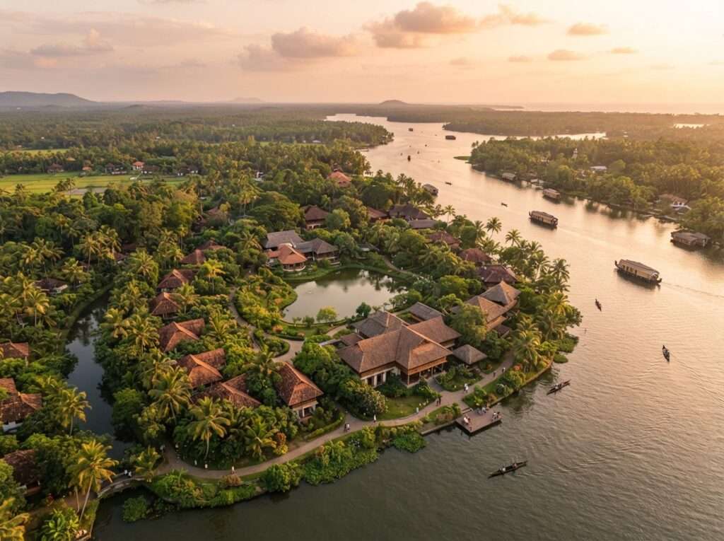 Aerial view of Sarovaram Ayurvedic Health Centre, Kerala, India, at golden hour
