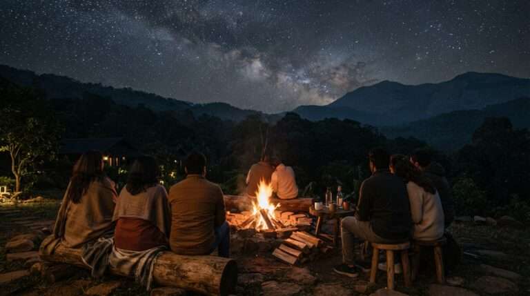 Guests around a campfire under a starry sky in the Wayanad hills, Udayagiri Retreat, Kerala, India