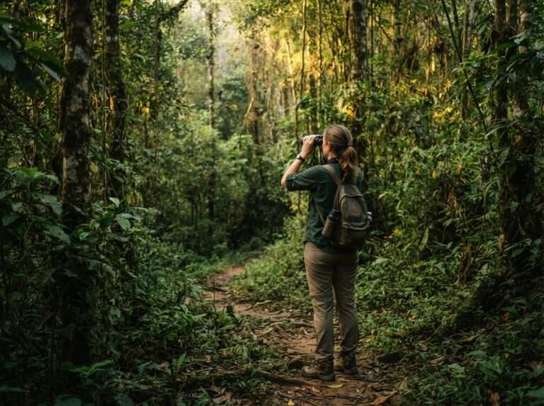 A guest birdwatching with binoculars on a forest trail near Tholpetty, Udayagiri Retreat, Kerala, India