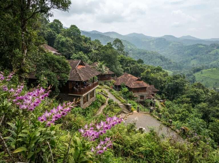 A hill retreat among the Wayanad hills near Tholpetty with orchids in the foreground, Udayagiri Retreat, Kerala, India