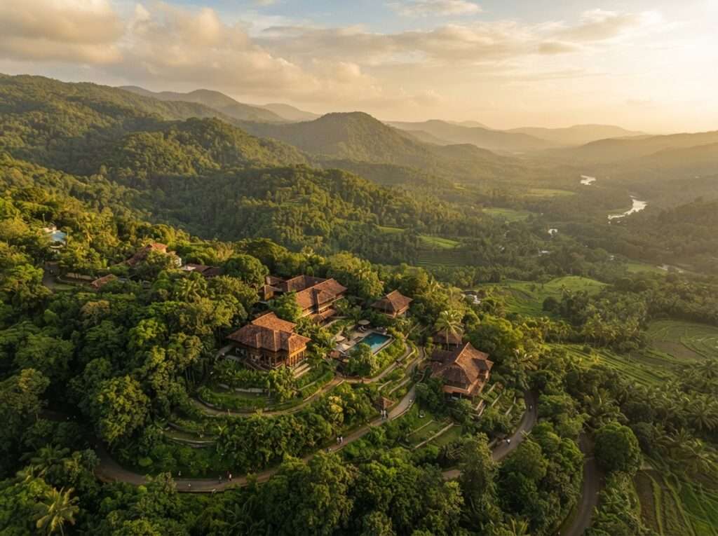 Aerial view of Udayagiri Retreat, Kerala, India, at golden hour