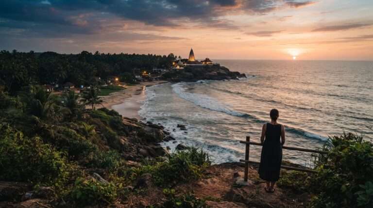 The Chowara coastline near the Azhimala Shiva Temple at sunset, seen from the cliffs, Nikki's Nest, Kerala, India