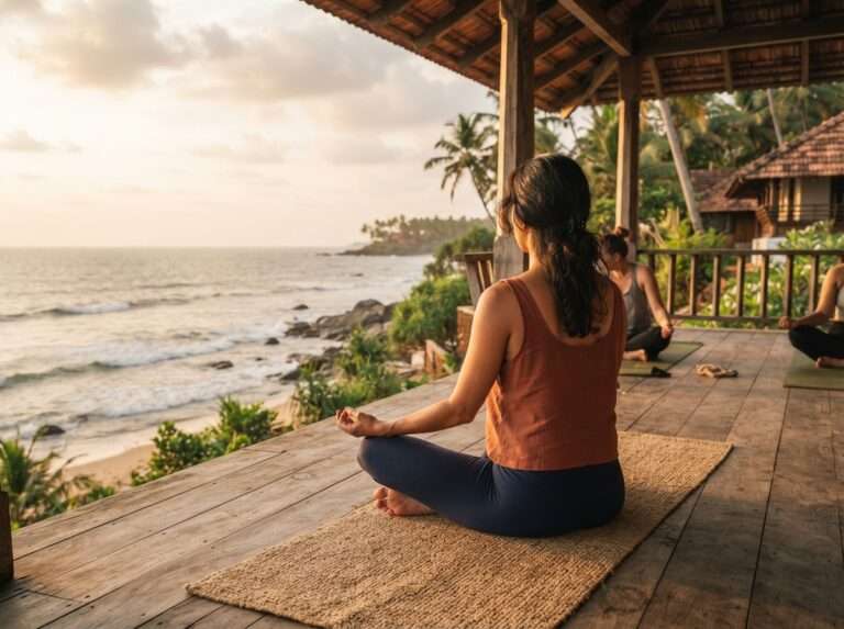 A guest in a yoga session at the Ayurveda centre facing the sea, Nikki's Nest, Kerala, India