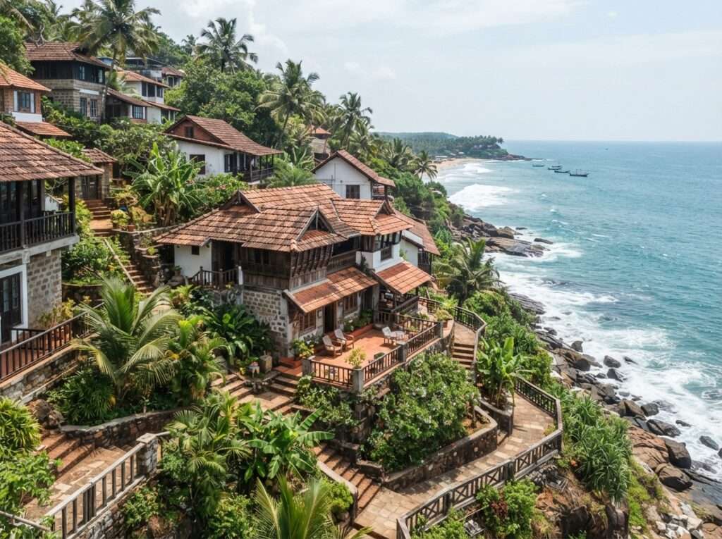 Aerial view of Nikki's Nest, Kerala, India, at golden hour
