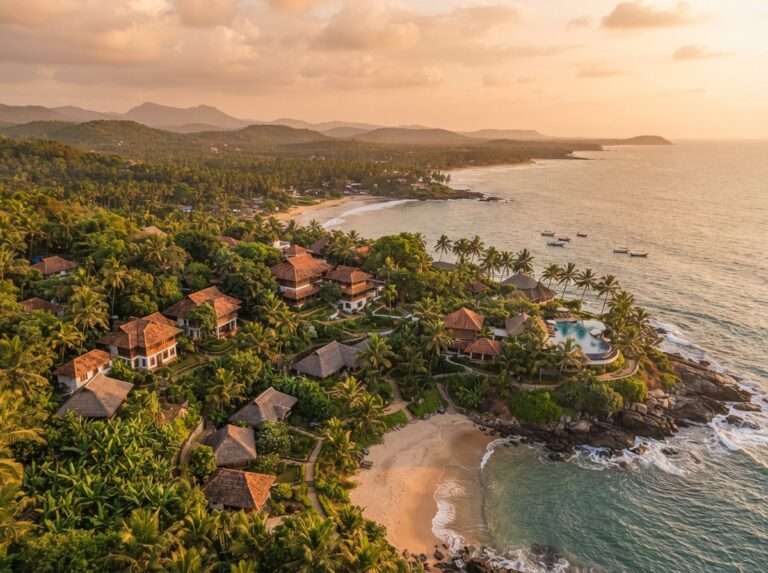 Seaside cottages in a mix of architectural styles above the Arabian coastline at Chowara, Nikki's Nest, Kerala, India