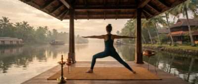 Ayurveda resort in Kerala with a yoga pavilion under coconut palms beside the backwaters at sunrise