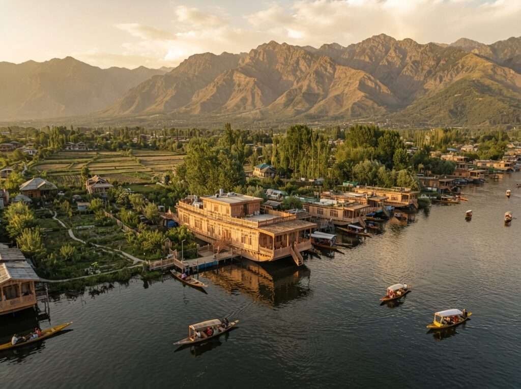 Carved Kashmiri houseboat moored on Dal Lake with a shikara and kitchen boat alongside, Srinagar, India