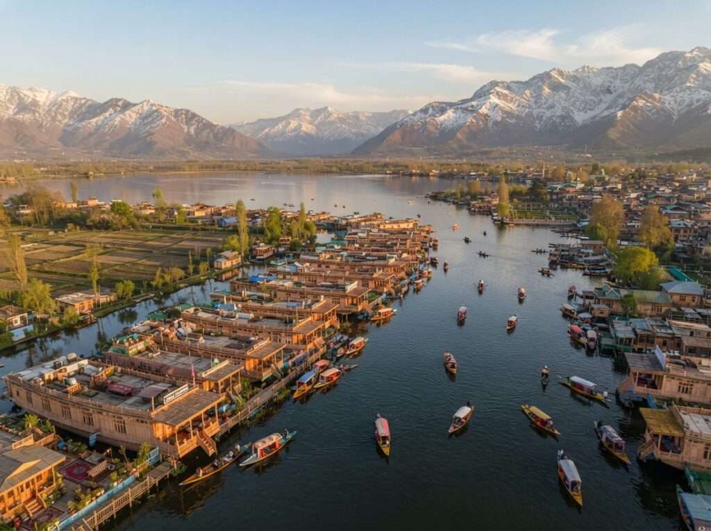 Wooden houseboats moored on the Jhelum River at Lal Mandi, Srinagar, India, with an old wooden bridge