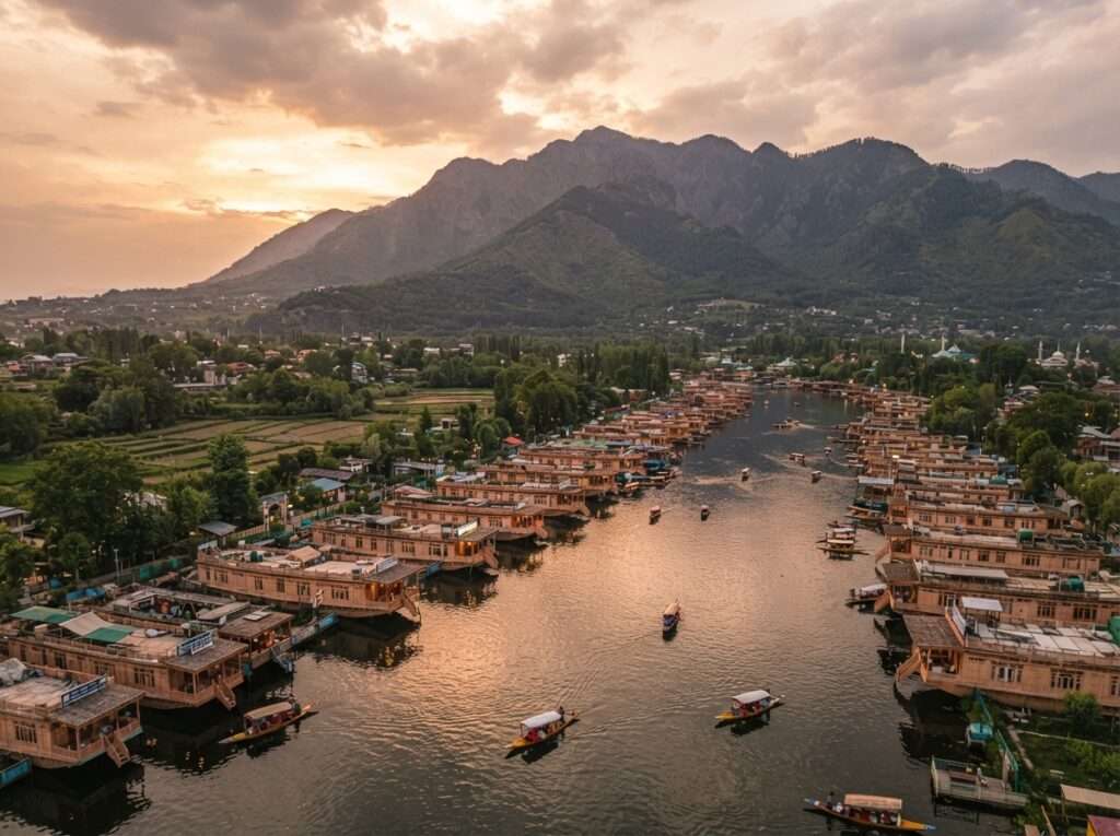 Red chinar leaves framing houseboats on calm Dal Lake in October, Srinagar, Kashmir, India