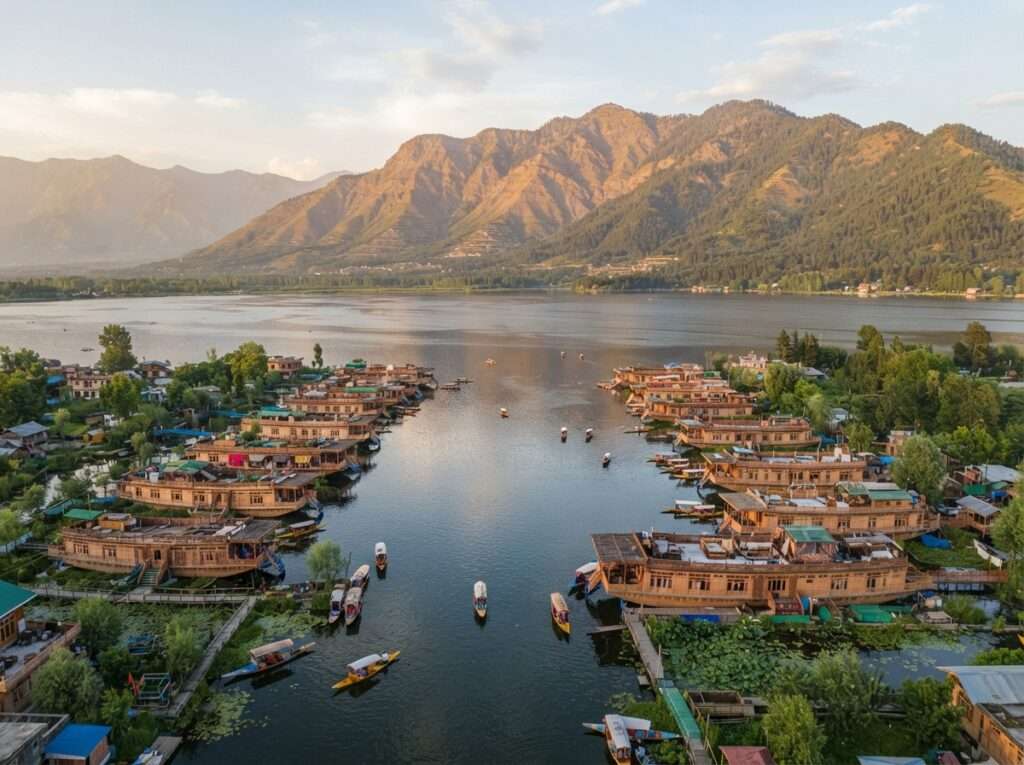 Snow-covered houseboats with warm-lit windows on the frozen edges of Dal Lake in winter, Srinagar, India