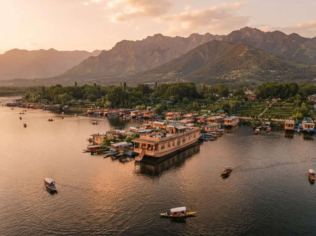 Snow-covered houseboats with warm-lit windows on the frozen edges of Dal Lake in winter, Srinagar, India