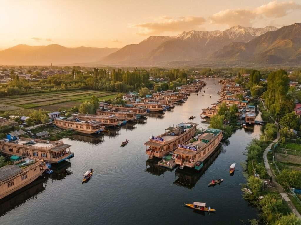 Farmers trading lotus stem and greens from boats at the Dal Lake floating vegetable market at dawn, Srinagar,