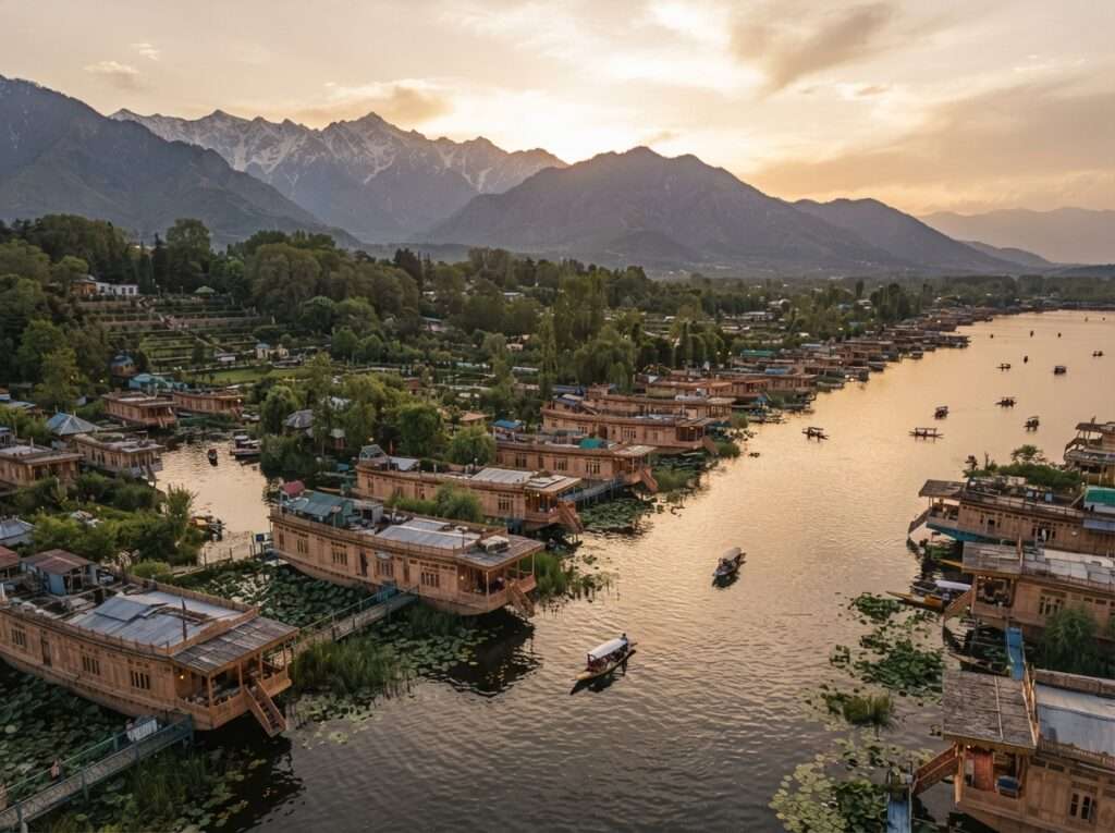 Snow-covered houseboats with warm-lit windows on the frozen edges of Dal Lake in winter, Srinagar, India