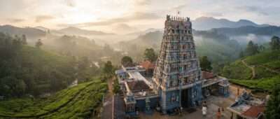 Seetha Amman temple gopuram above the Nuwara Eliya tea hills at sunrise, Sri Lanka.