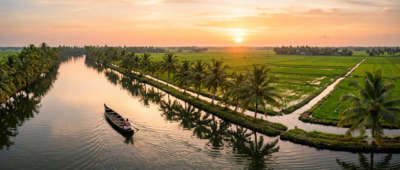 Vembanad Lake and Kuttanad paddy fields at sunrise, Kerala (Keralam), illustrating facts about Kerala