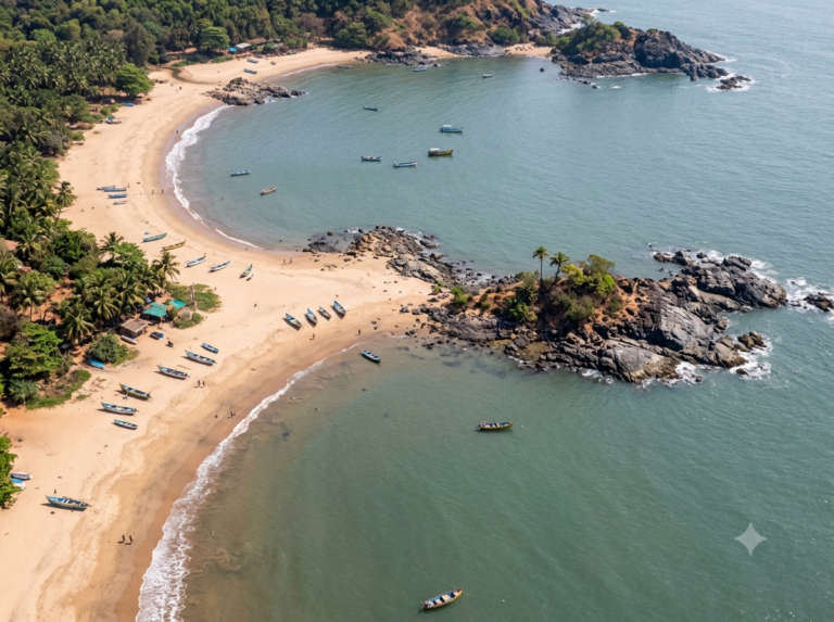 The crescent of Om Beach seen from the cliff path, its two curved bays forming the Om shape, Gokarna, India
