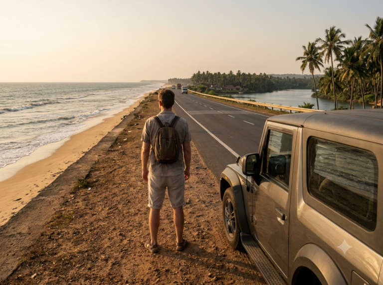 A traveller standing beside a parked car on the NH66 shoulder at Maravanthe, Murudeshwar and the Maravanthe Stretch, India