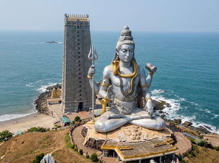 The giant seated Lord Shiva statue, about 37 m tall, Murudeshwar and the Maravanthe Stretch, India