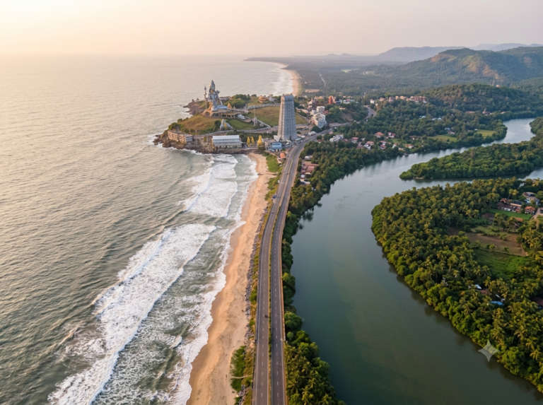 Aerial view of Murudeshwar and the Maravanthe Stretch, India, at golden hour