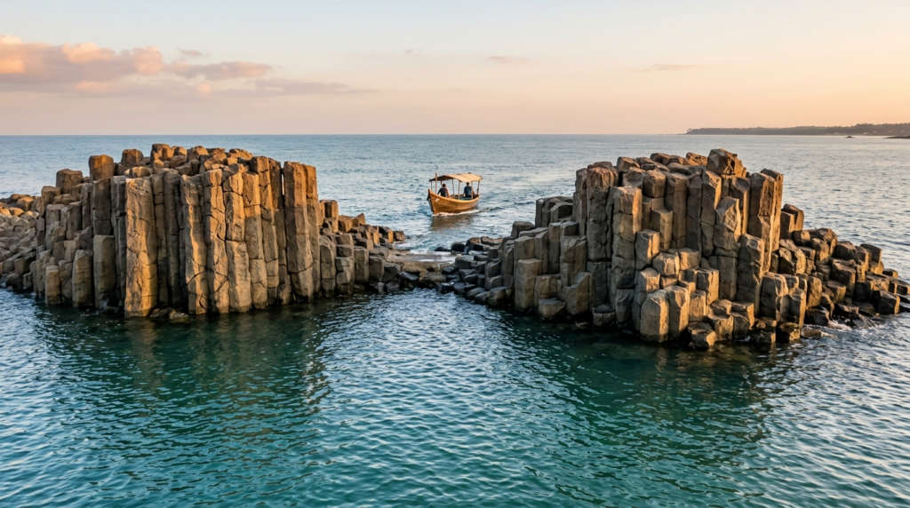 The hexagonal basalt rock columns of St Mary's Island off Malpe in early morning light, Udupi and Mangaluru, India