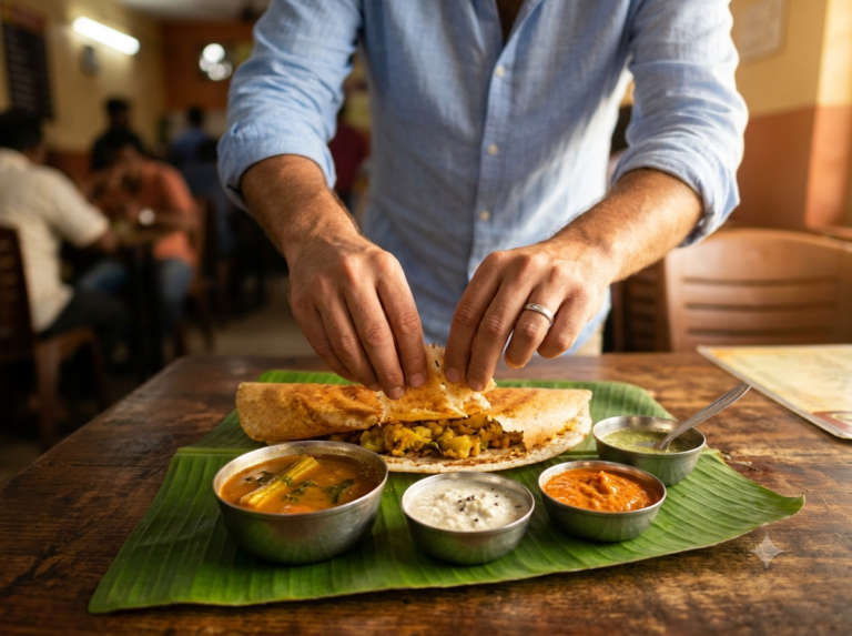 A traditional Udupi masala dosa on a banana leaf with chutney and sambar, Udupi and Mangaluru, India