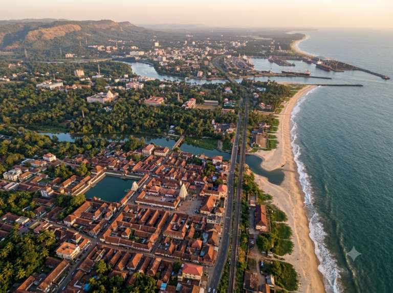 Aerial view of Udupi and Mangaluru, India, at golden hour