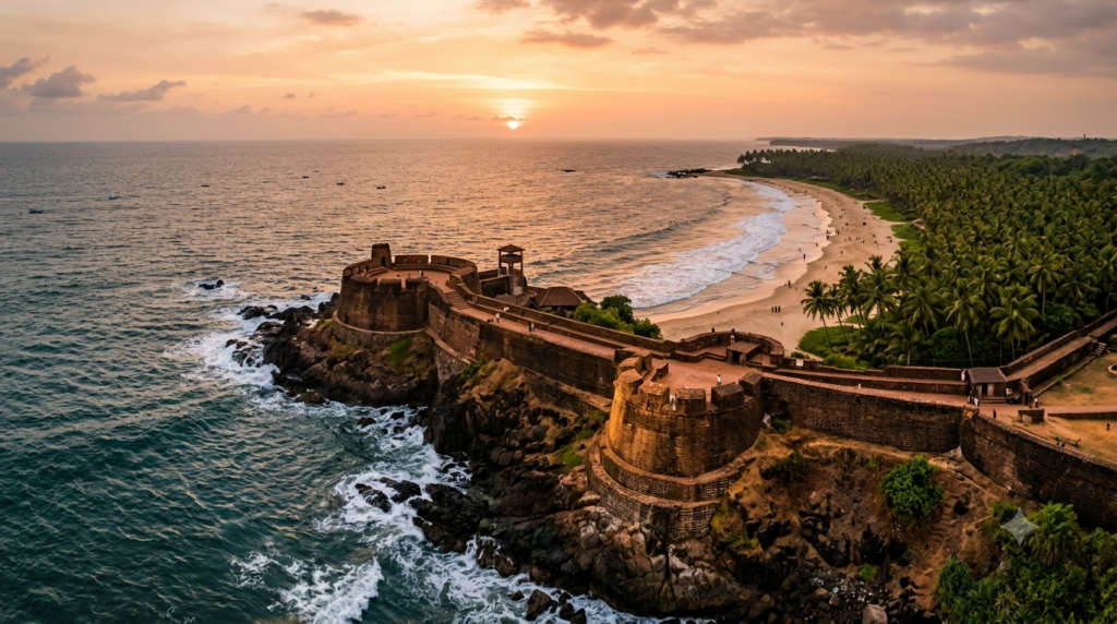 Aerial drone view of Bekal Fort at sunset, the curving fort walls jutting into the sea, Bekal Fort, India